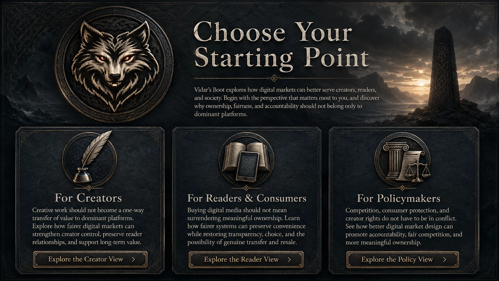 Choose your starting point: For Creators, For Readers and Consumers, For Policymakers